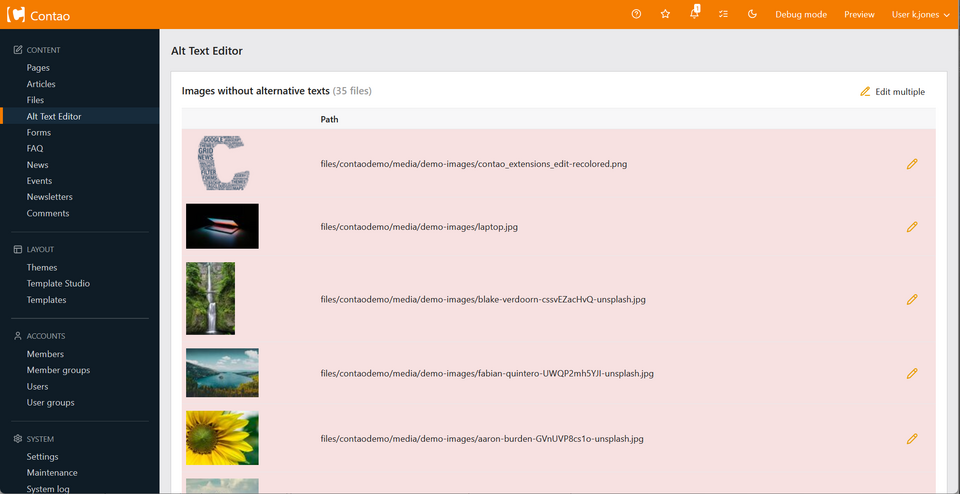 Contao: Extension Alt Editor mit fehlenden Alternativtexten für Bilder