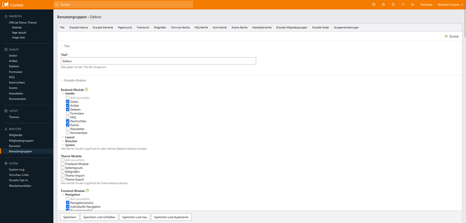 Contao: Ändern von Rechten für Benutzergruppen