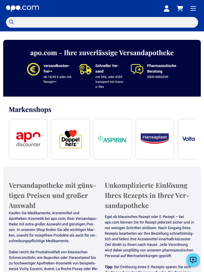 Tabletansicht der Startseite des Webshops von apo.com