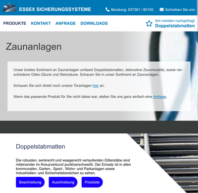 Tabletansicht der Essex Sicherungssysteme GmbH, einem Anbieter von Toren und Zaunanlagen