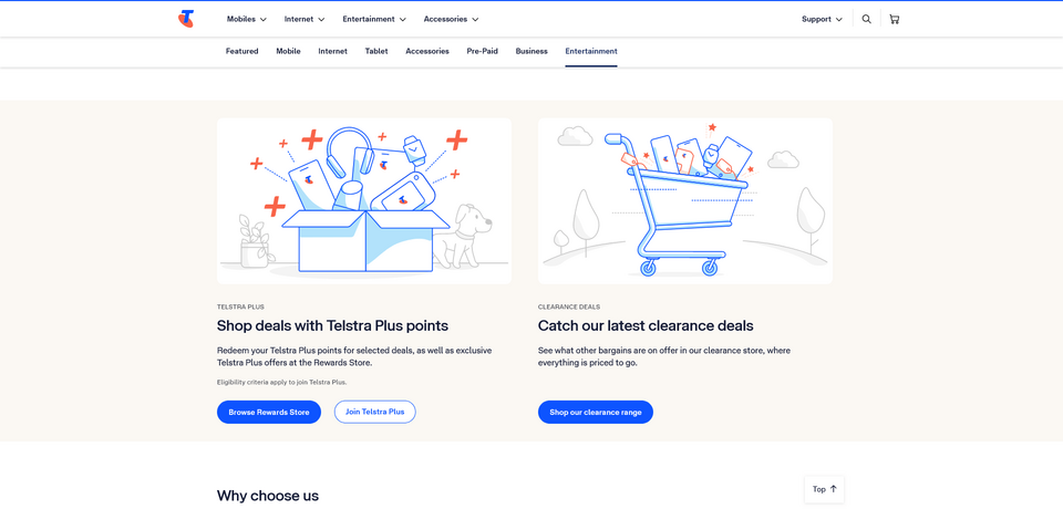 Screenshot des Telekommunikationsunternehmens Telstra mit Cards