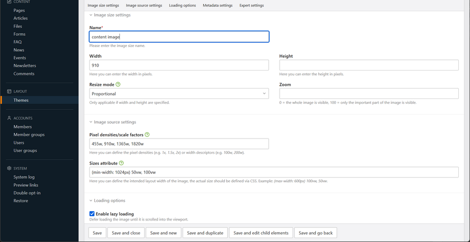 Contao: Einstellungen zu den responsiven Bildgrößen mit Lazy Loading