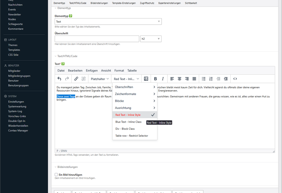 Contao: Eigene Styles und CSS-Klassen als Auswahl im TinyMCE