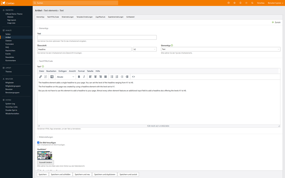 Contao: Ansicht eines Textelements mit Wysiwyg-Editor TinyMCE zum Erstellen eines Textes mit Bild