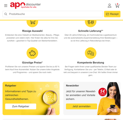 Tabletansicht der Startseite des Webshops von apodiscounter
