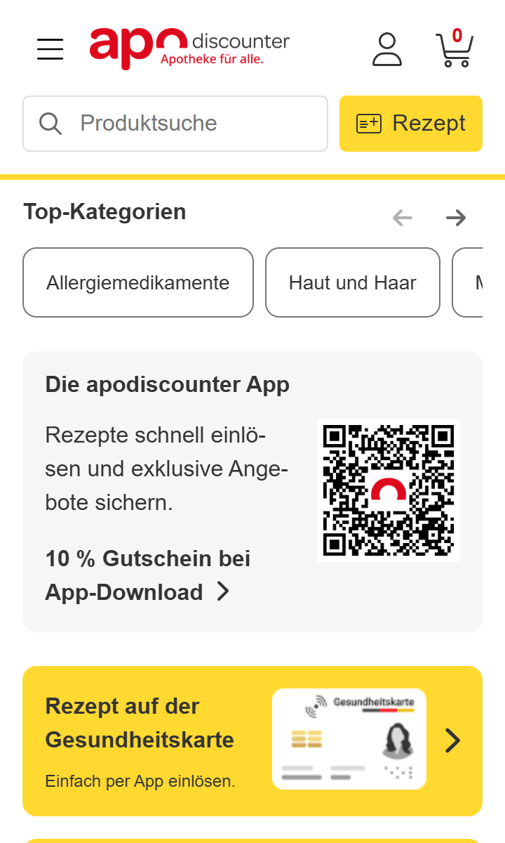 Mobile Ansicht der Startseite des Webshops von apodiscounter